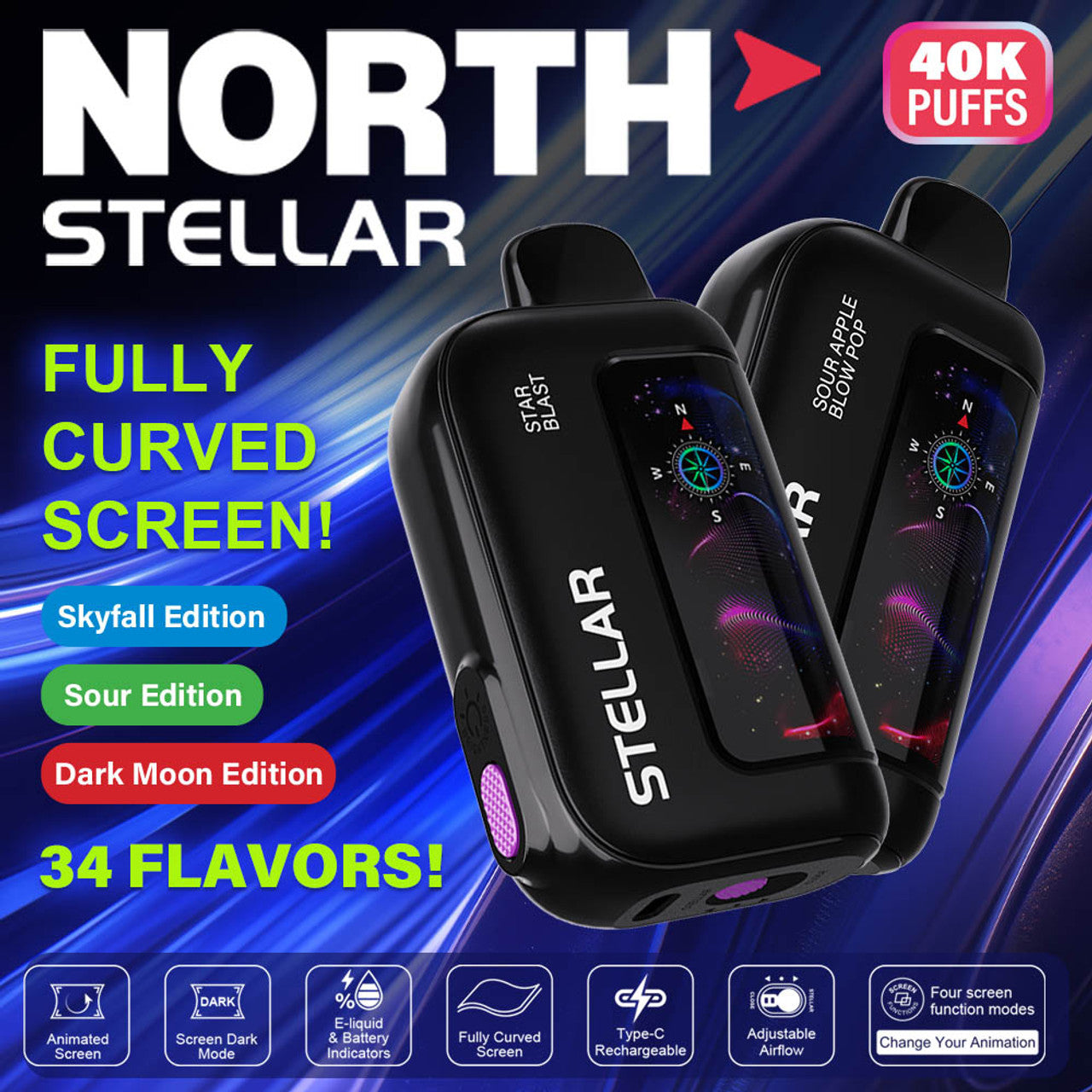 VAPORIZADOR DESECHABLE NORTH STELLAR 40 MIL PUFF PANTALLA CURVA